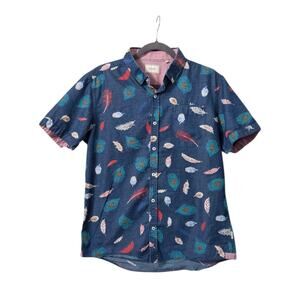 7 Diamonds Blue Feather Print Short Sleeve Casual Cotton Blend Shirt, Men's Med